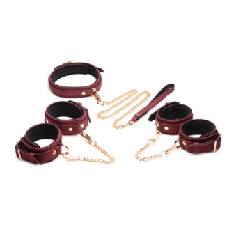 6-Piece Velvet Burgundy Bondage Set with Cuffs, Collar and Belt