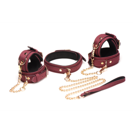 6-Piece Velvet Burgundy Bondage Set with Cuffs, Collar and Belt