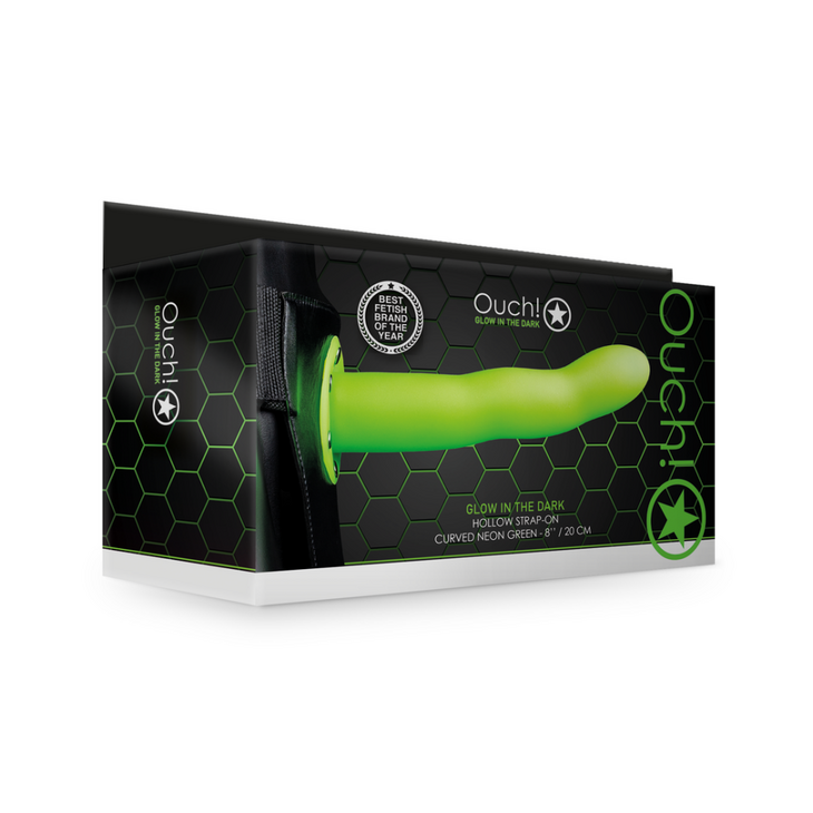 Glow in the Dark Curved Hollow Strap-On - 8 / 20 cm - Neon Groen