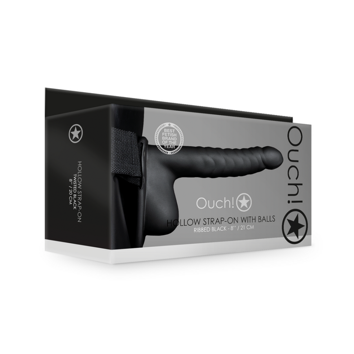 Geribbelde Hollow Strap-On met Ballen - 8 / 21 cm - Zwart