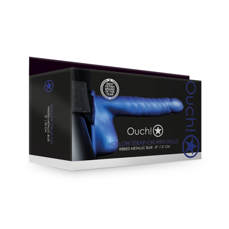 Geribbelde Holle Strap-On met Ballen - 8 / 21 cm - Metallic Blauw