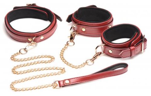 6-delige BDSM PU Lederen Boeienset Met Collar En Riem - Bordeaux 6-delige BDSM PU Lederen Boeienset Met Collar En Riem - Bordeaux