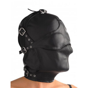 Lederen kap met afneembare blinddoek en snuit Lederen kap met afneembare blinddoek en snuit